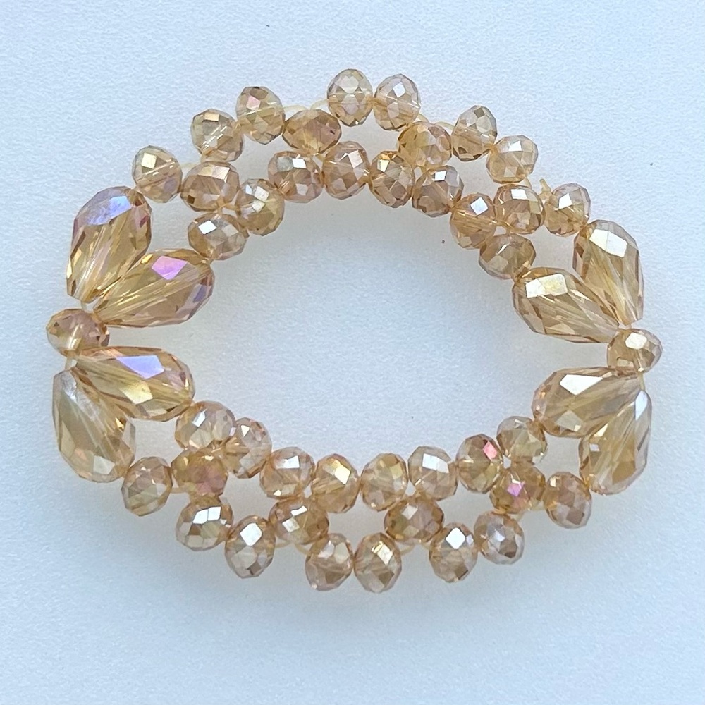 Champagne Colored Faceted Round and Briolette Glass Bead Stretch Bracelet 7”